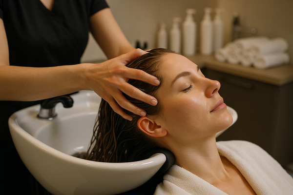 a very realistic picture of a woman getting a head spa done