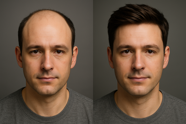 an image very realistic for a men hair system i want a before and after side by side i want the face expresion to be the same in both image and make it the most realistic possible