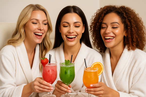 can you create me a very realistic image of 3 ladys on a spa having a drink and been very happy ,.   the backgroun will be white, the dink can be a moctail. they have beutyfull hair and makeup