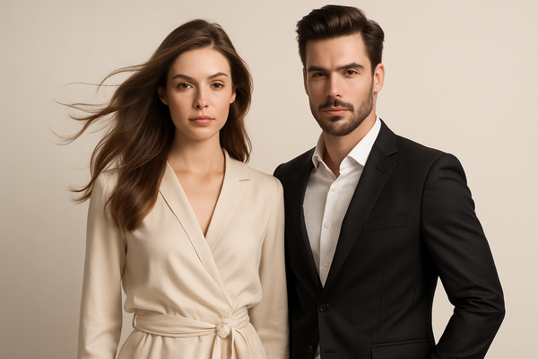 i want a very realistic picture of a woman and a men with ligh background they are models