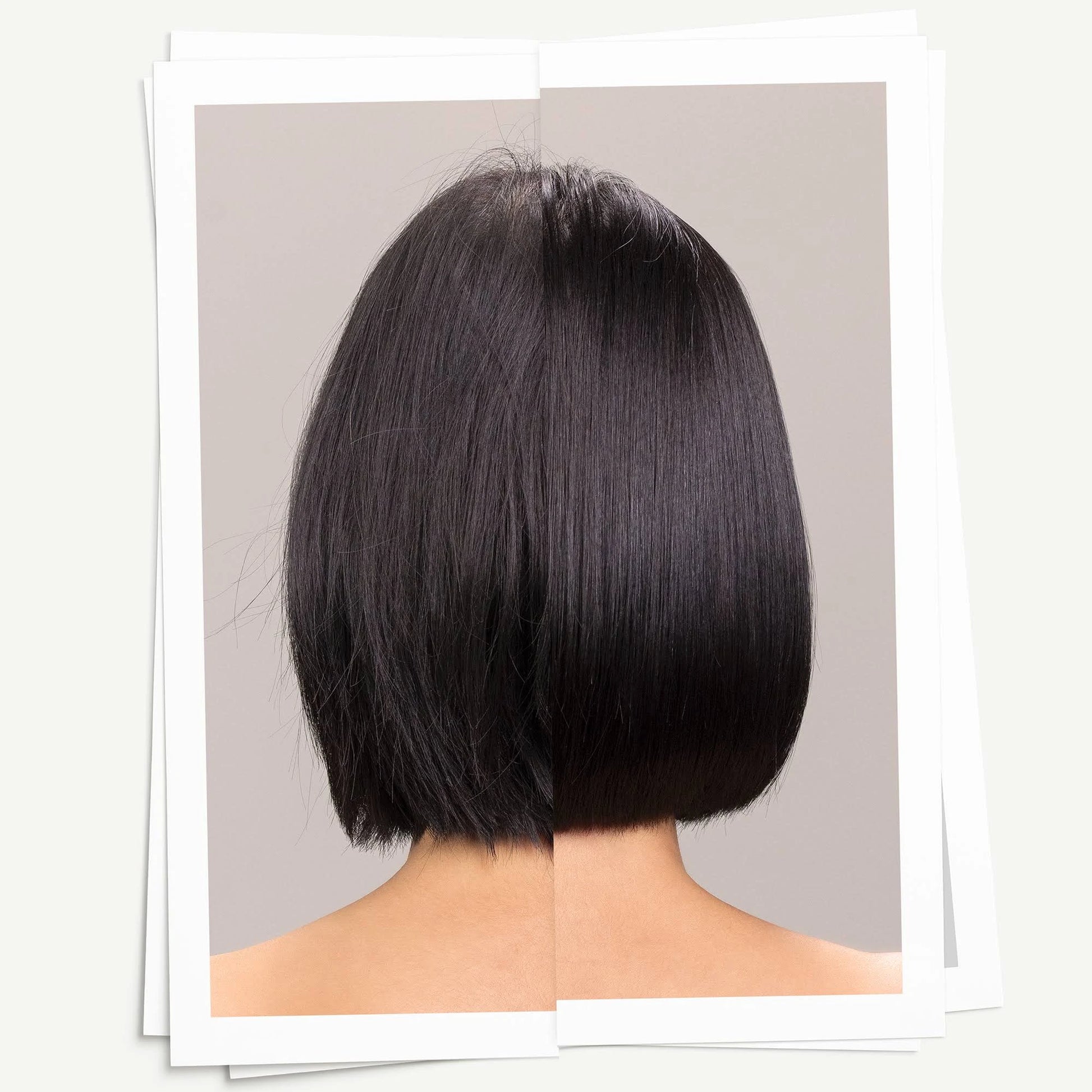 Back view of a person with a sleek, black bob haircut on a neutral background