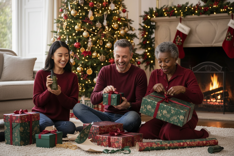 the most realistc picture of 3 people opening the davines chistamas boxes during christmas